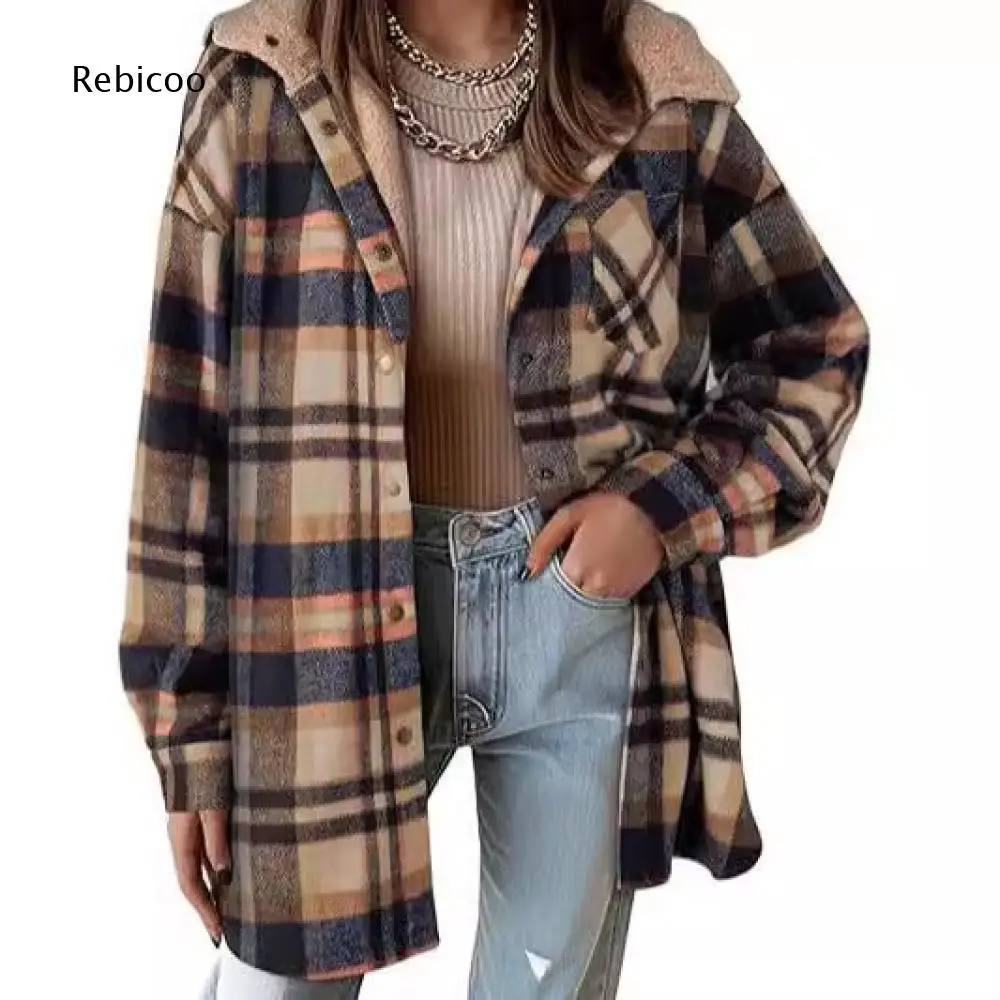Women Plaid Print Hooded Shacket Long Sleeve Button Down Fleece Lined Loose Fit Casual Outerwear With Side Pockets