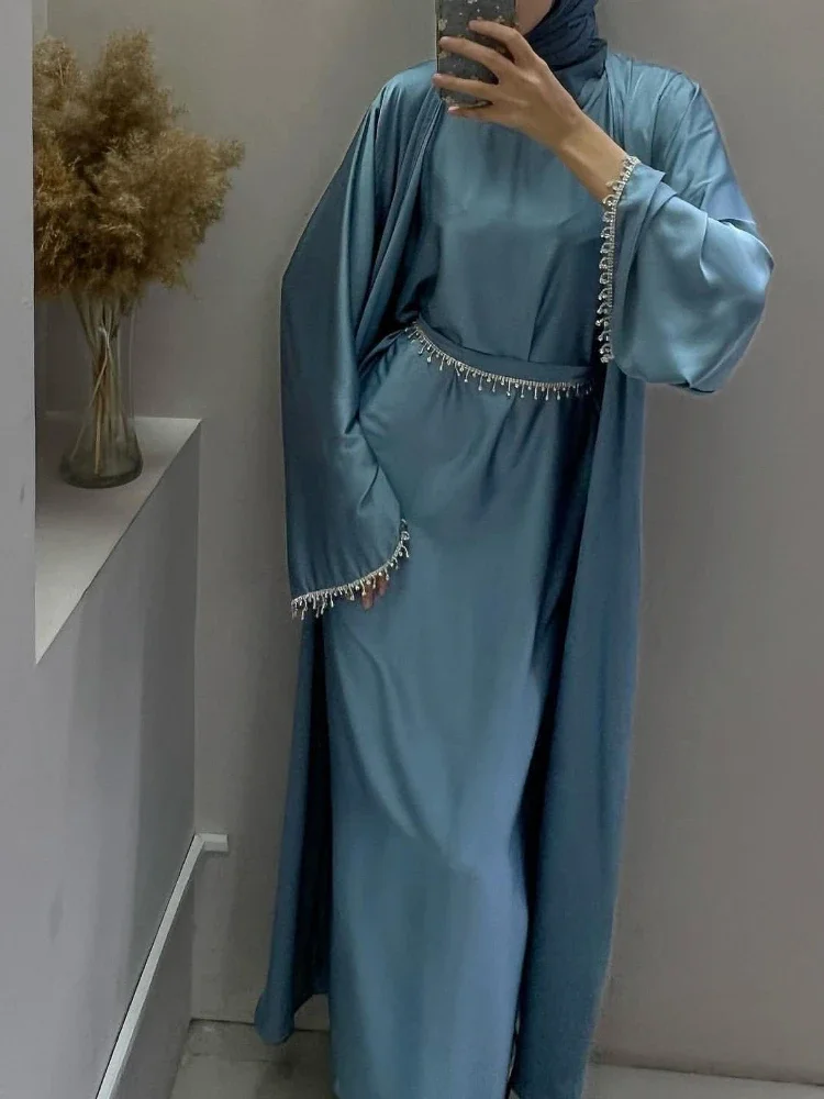 Abayas de soirée en satin soyeux pour femmes, ensemble de 2 pièces pour le Ramadan, avec 2 équicardigans en diamant, nouvelle collection 2024