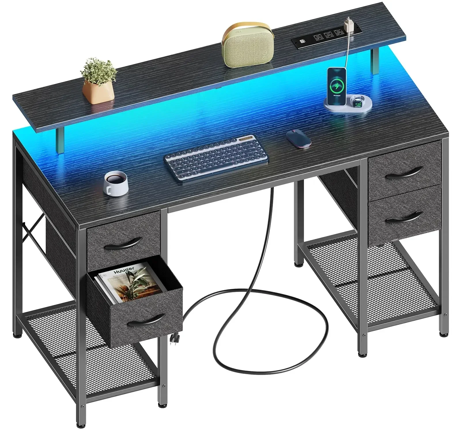 

47 inch Computer Desk with 4 Drawers, Gaming Desk with LED Lights & Power Outlets, Home Office Desk with Large Storage Space for
