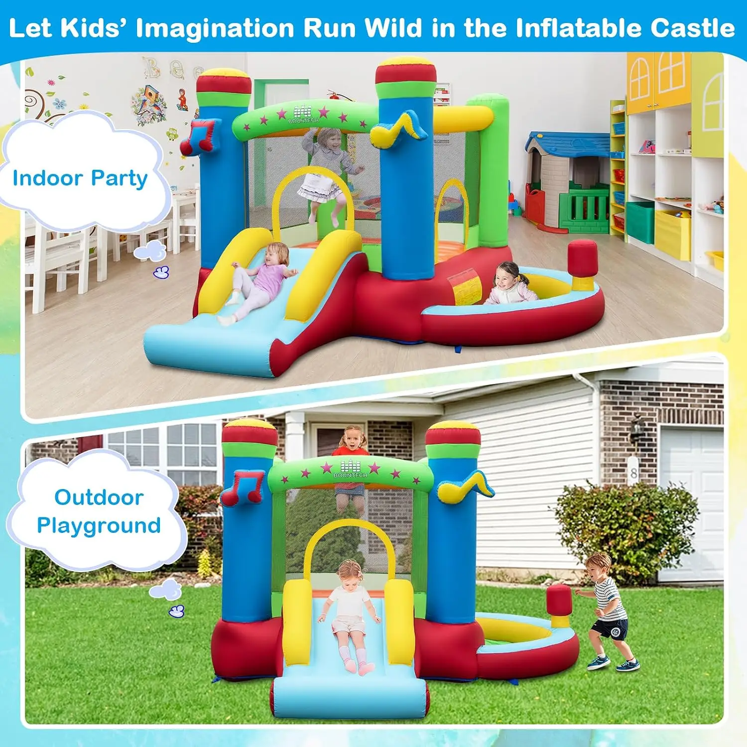 Inflatable Bounce House with Ball Pit, Bouncy House for Kids 3-12 Indoor Outdoor w/Large Jumping Area, Basketball Hoop, Bounce H view 2