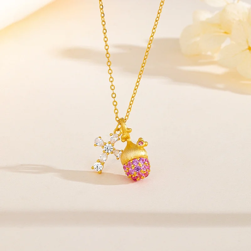 

Dawn's Jewel S925 sterling silver brushed pink diamond pine cones necklace for women sweet clavicle chain cross necklace