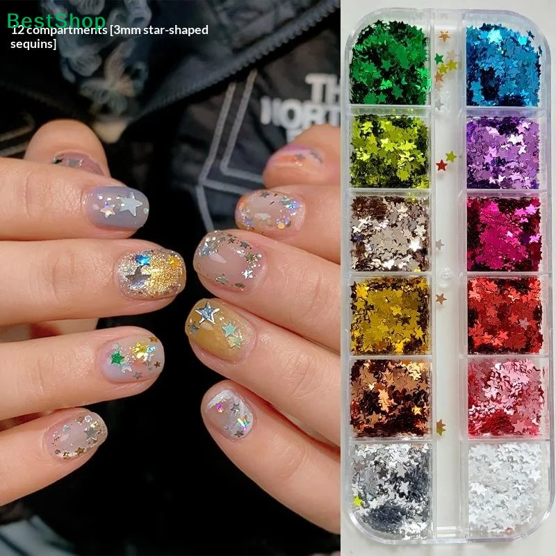 ♥ مجموعة لامعة لفن الأظافر على شكل نجمة مكونة من 12 حجرة مقاس 2 مم |   ترتر متعدد الألوان لديكور المانيكير