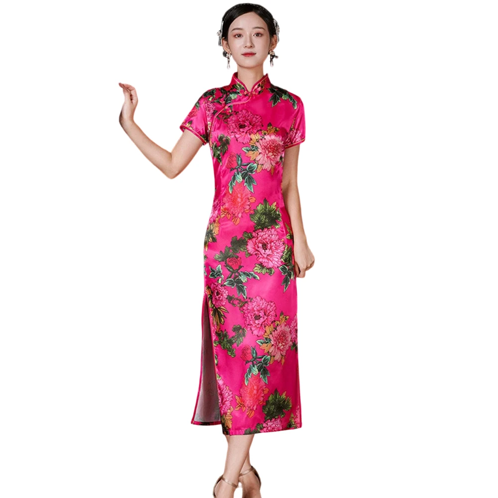 Vintage Women Cheongsam Dress Featuring Peony Print Short Sleeve Traditional Chinese Qipao for Spring and Summer Outings