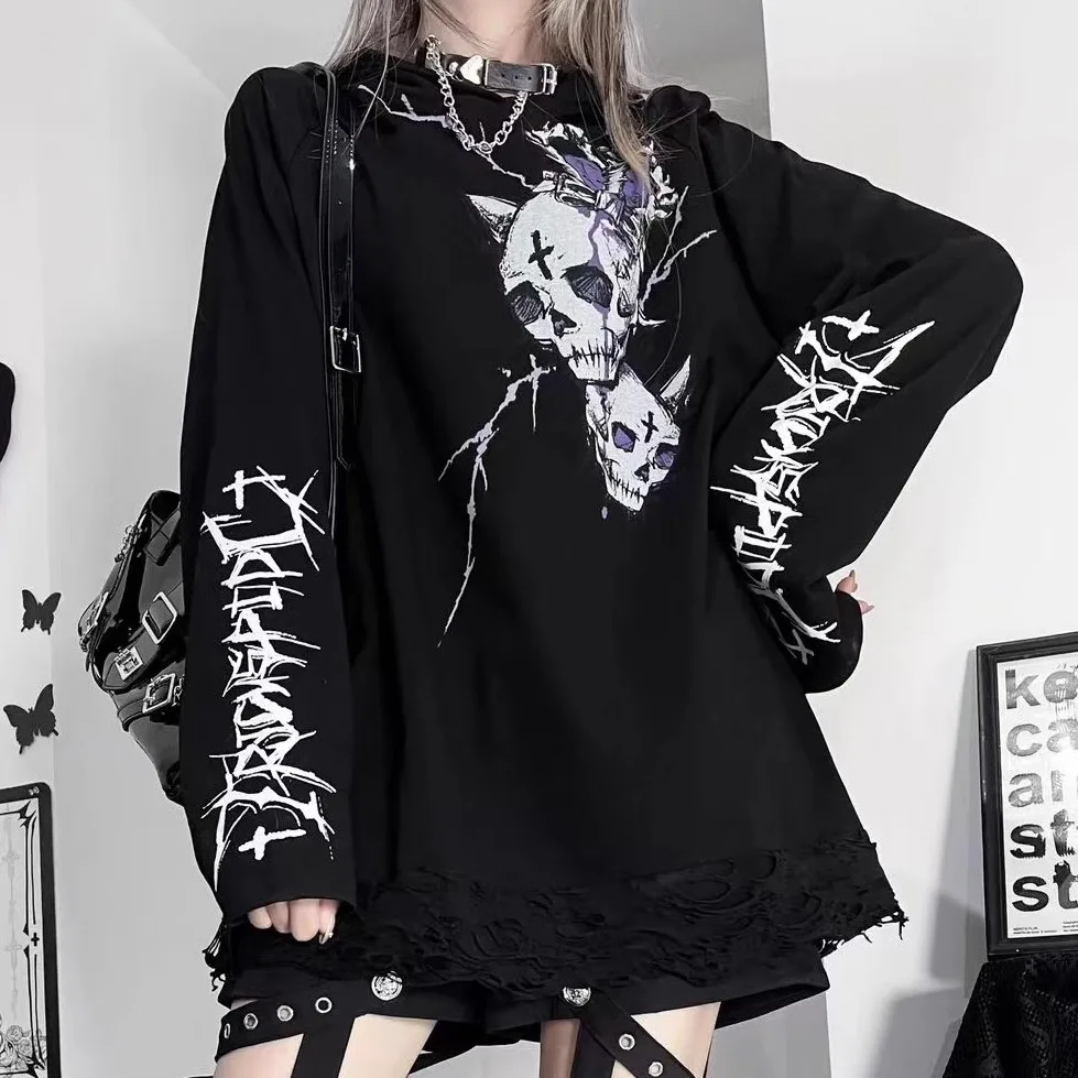 Japanese Subculture Dark Punk Harajuku Style Print Long Drop Sleeves Holes Hoodies Loose Casual Thin Sweatshirts Women Autumn