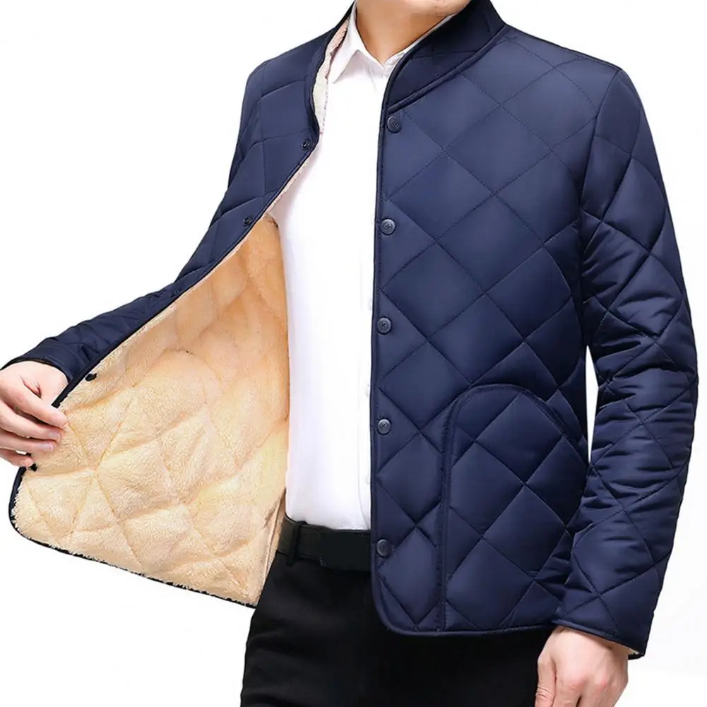 Single-breasted Coat Thickened Cotton Coat Cozy Men's Winter Coat Thick Plush Padding Stand Collar Warm Neck Protection Plus