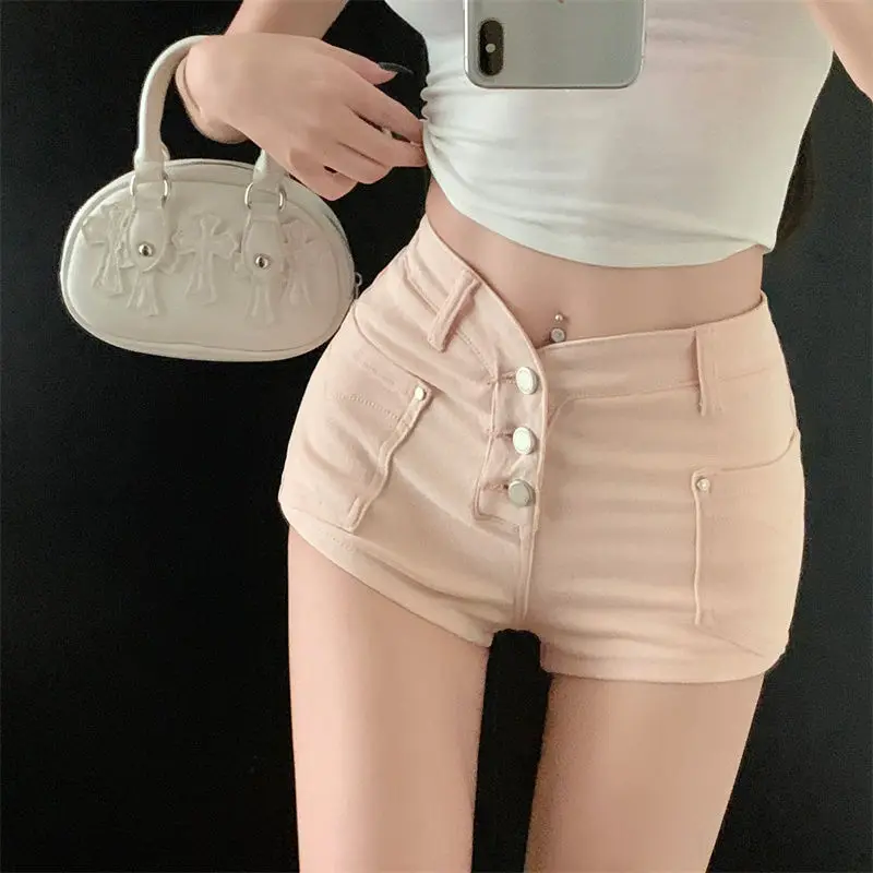 pink denim shorts women's summer new high waist button slim shorts tight hip hot pants