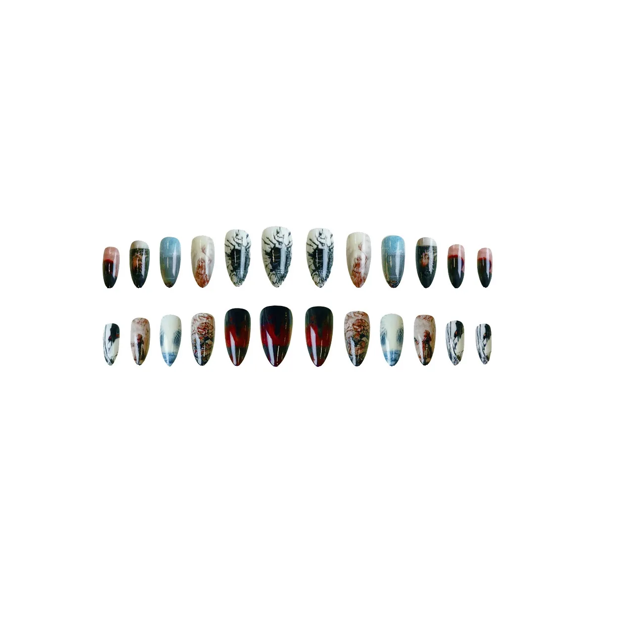 10 Stück künstliche Nägel im französischen Stil mit Mandeln, Hell's Angels, dunkles Halloween-Thema, zum Aufdrücken der Nägel, vollständige Abdeckung, Party, tragbarer falscher Nagel