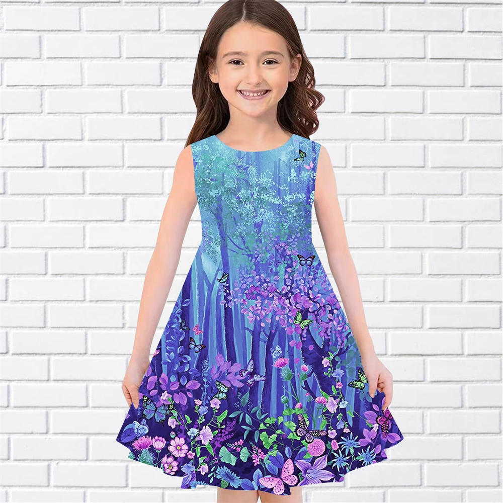 Teen Girls Colorful Flower Print Dresses Kids Girl Party Sleeveless Princess Dress Tank 3D Print Pretty Butterfly DressClothing