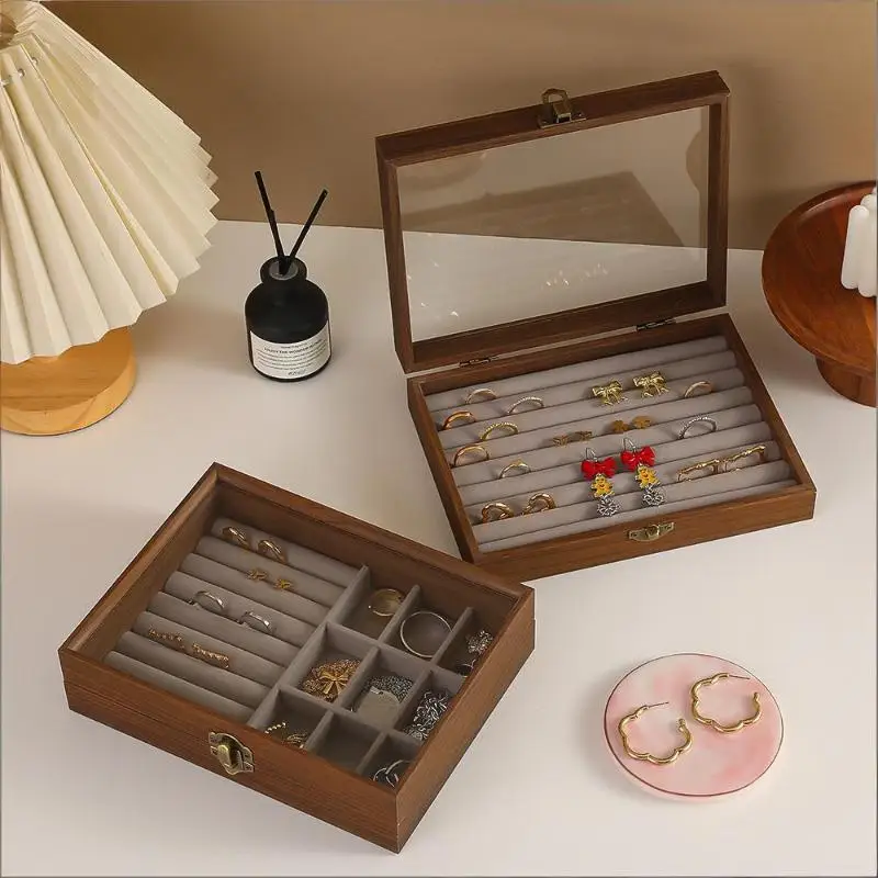 

New Retro Walnut Wood Color Jewelry Storage Box With Cover Dustproof Ring Earring Bracelet Organizer Der Separation Jewelry Box