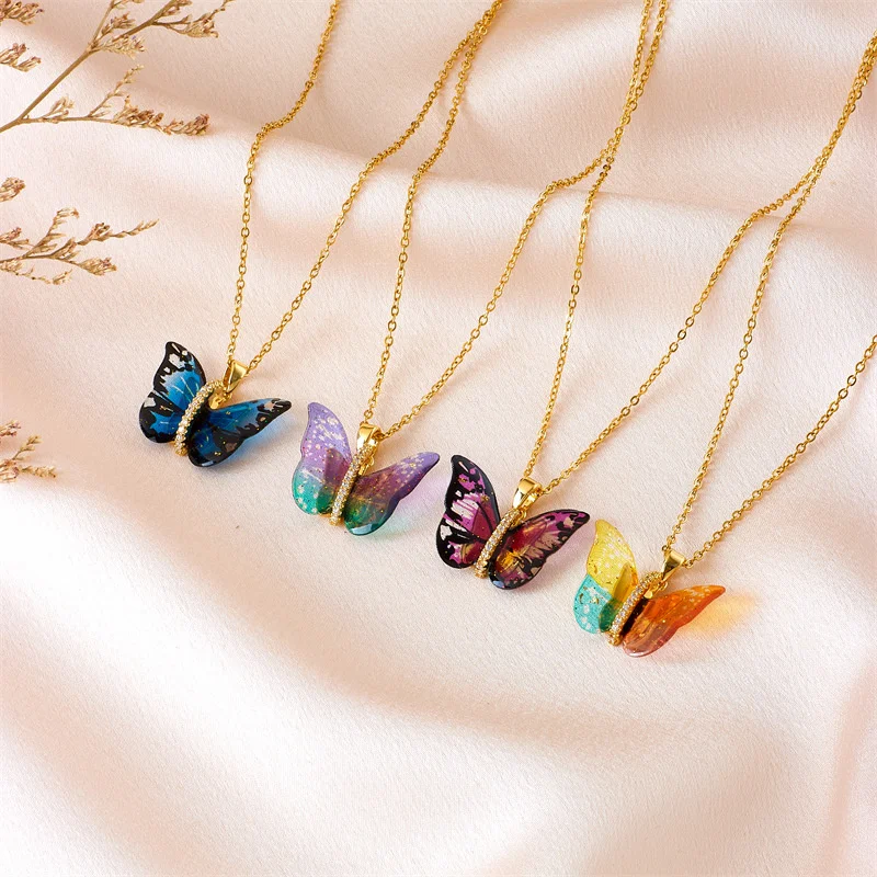 Titanium Steel Necklace Popular for Women Drop Glue Color Butterfly Shape Pendant Collarbone chain accessories Fashion Jewelry