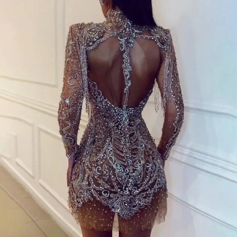Luxury Birthday Evening Party Gown Sparkly Bodysuit Women Sexy Mesh See Through Performance Dance Stage Costume F9JM
