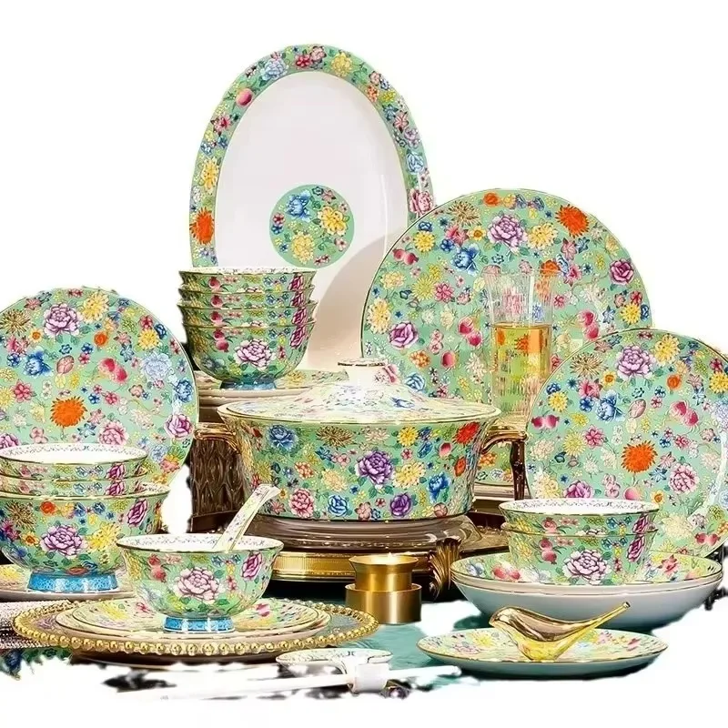 D20high-end Tableware Set Jingdezhen Bone China Enamel Color Chinese Court Style Ceramic Household Housewarming New Home Dishes