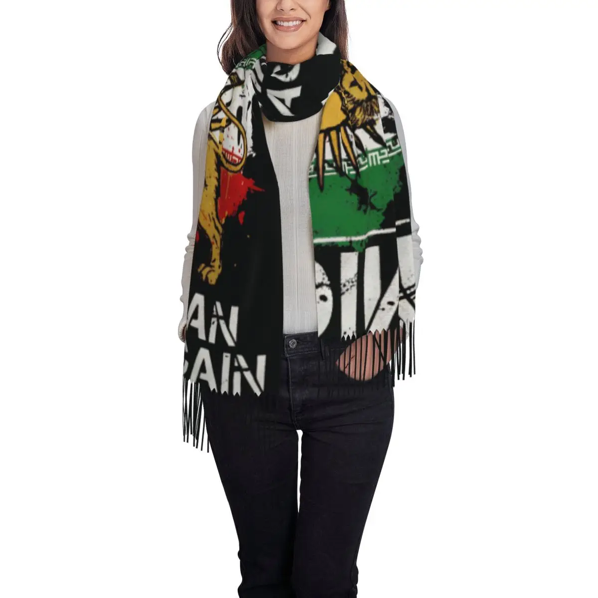 Make Iran Great Again Scarf Iranian National Emblem Gold Lion Shawl Wraps with Long Tassel Women Scarves Wraps Winter Bufanda