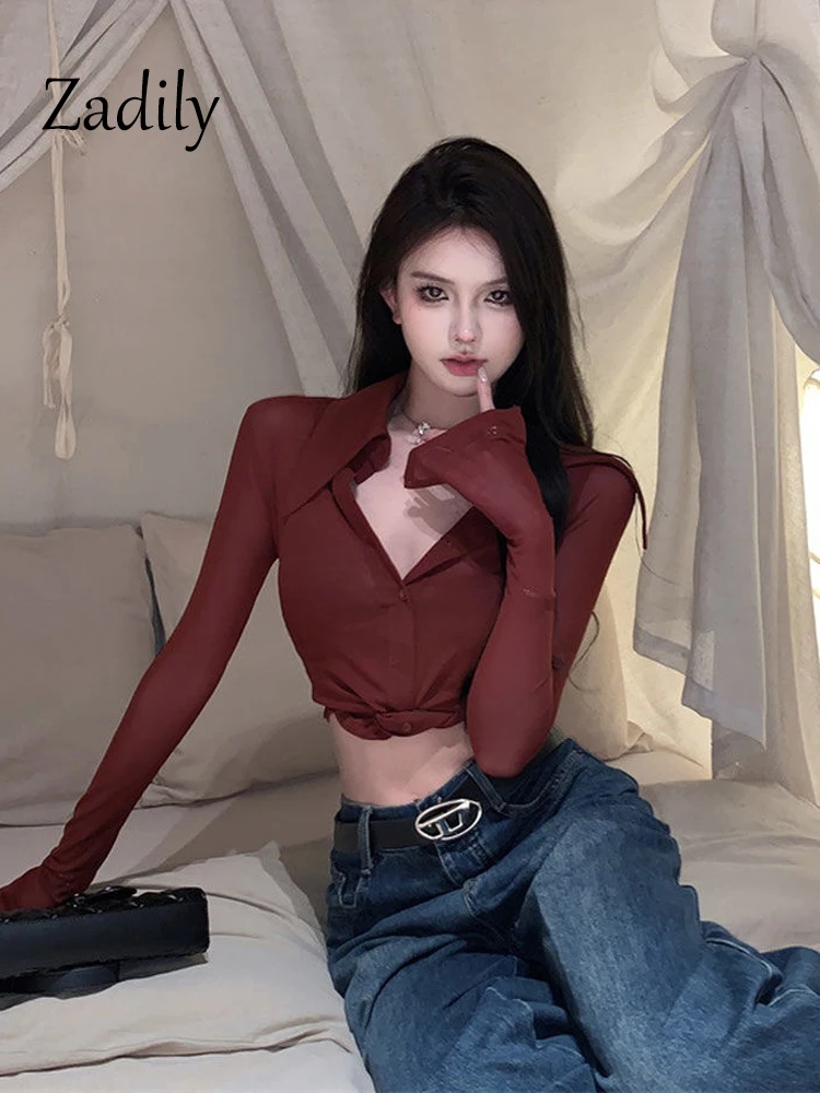 Sexy Long Sleeve Women Sheer Shirt And Blouse Button Up Slim Red High Strecth Crop Tops 2024 Summer Transparent Clothing