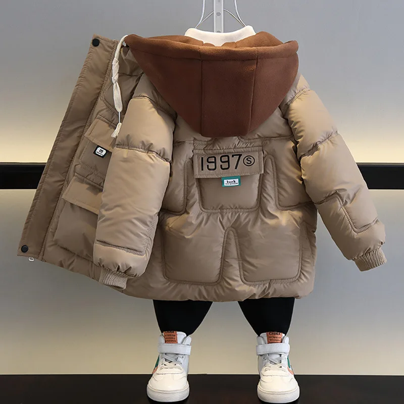 Boy Plush Down Cotton Jacket Winter Children Thick Harajuku Hat Hooded Casual Warm Clothing Casaco De Frio Warm 2025