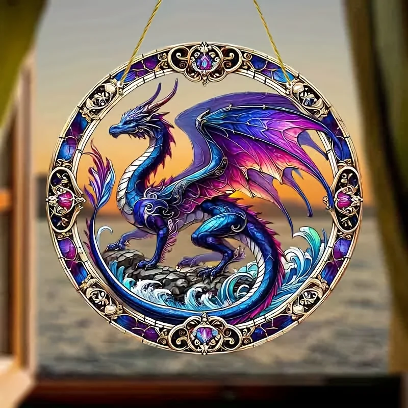 Dragon Sun Catcher-Circular Acrylic Decor Sign with Stained Glass Effect - Wall Hanging Decoration, Art Decor Style for Bedroom