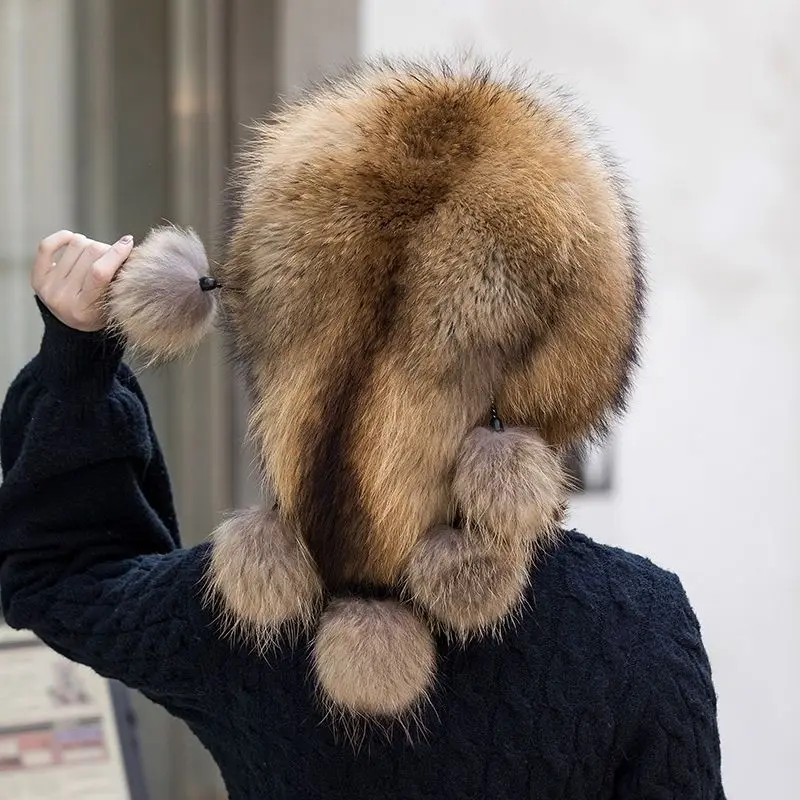 

Natural Raccoon fur Hat Russian Fox Fur Hat Female Winter Hat For Women Warm Fluffy Popular Style Female Tail Cap Fashion Real