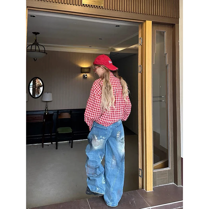 ZHIZOU Damen Blau Baggy Y2k Cargo Jeans Ästhetischer 2000er Jahre Stil Oversize Hose Vintage Harajuku Boyfriend Denim Hose Herbst