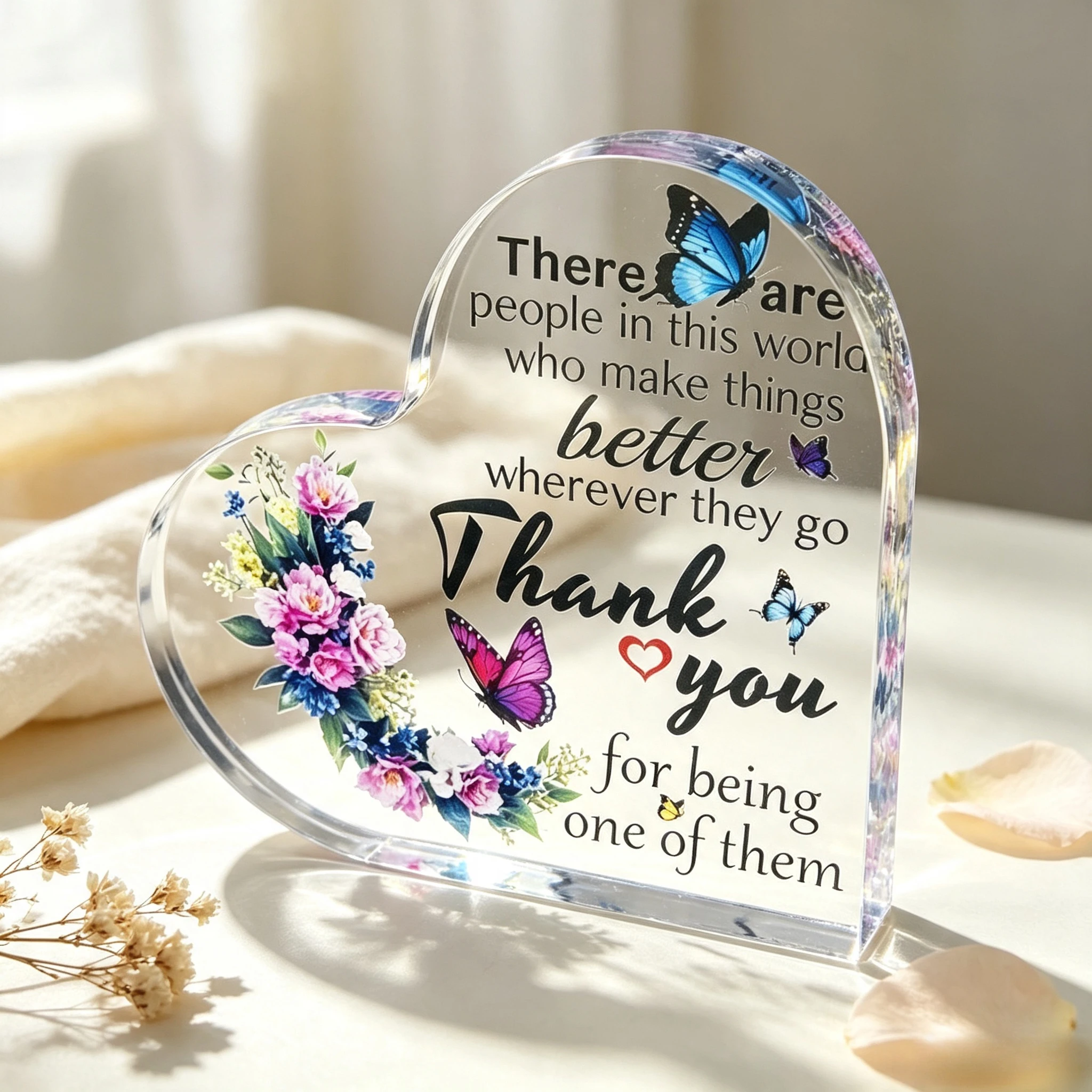 Heart Acrylic Plaque Thank You Floral Butterfly Decor Gift For Friend Colleague,Colorful Butterfly Flower Acrylic Heart Keepsake Gratitude Appreciation Gift
