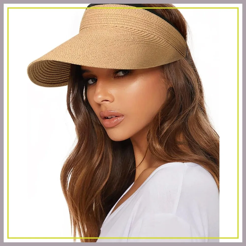 

Women's Straw Sun Visor Hat Packable Ponytail Beach Travel UPF 80+