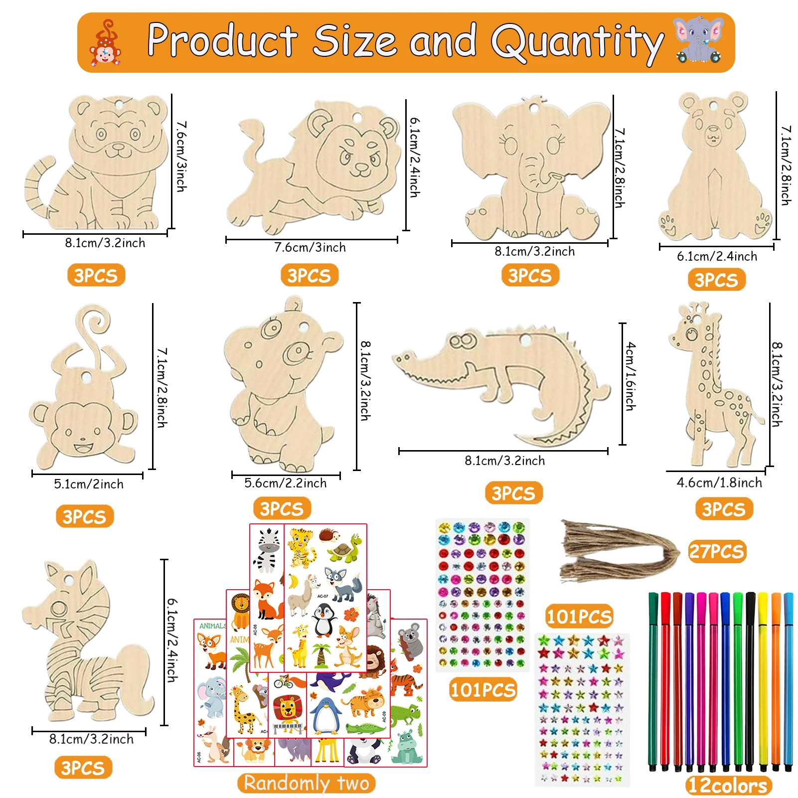 270PCS Zestaw drewnianych rękodzieła dla zwierząt, rękodzieło urodzinowe, drewniane wisiorki do malowania, zestaw rzemieślniczy