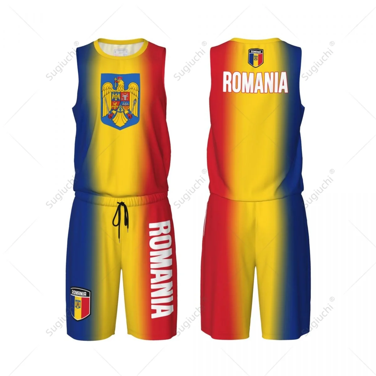 Men Romania Flag Basketball Jersey Set Mesh Shirt & Pants Sleeveless Exclusive Team-up Custom Name Nunber Unisex