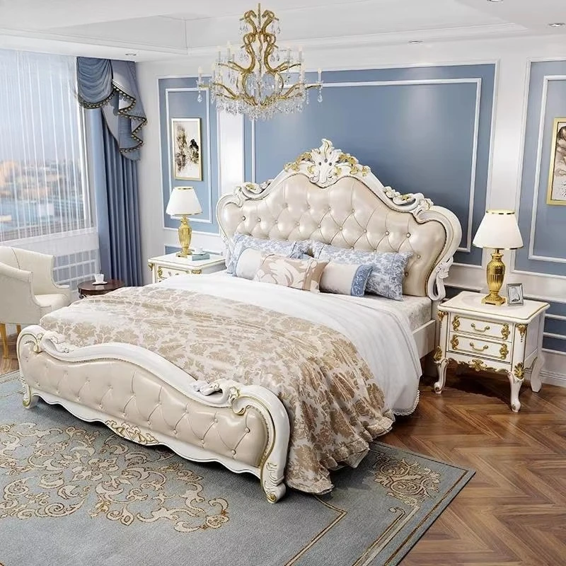 Customized Best Sellers Wood Carved King Size Leather Beds for Villa Bedroom Furniture Solid Wood Bed Furniture Set Bedroom