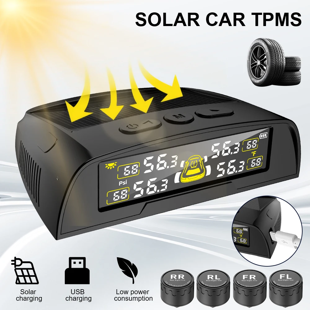 Moniteur de température des pneus USB / solaire TPMS avec affichage numérique, système de surveillance de la pression des pneus de voiture universel