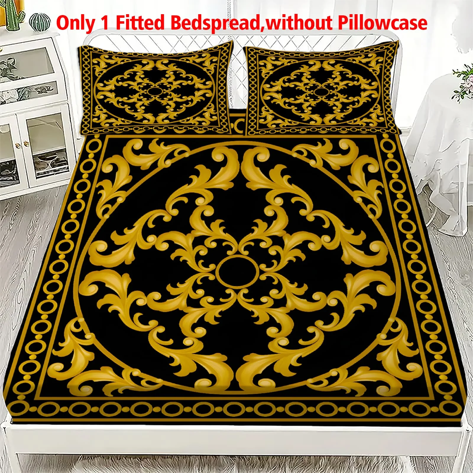 1pc Black Gold Baroque Scrollwork Print Fitted Sheet Deep Pocket Elastic Mattress Cover Single Double Queen King Bedroom Decor