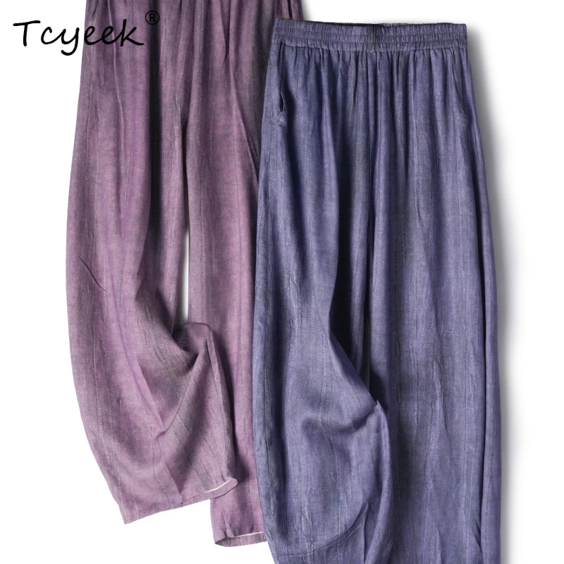 

Tcyeek 70% Mulberry 30% Cotton Spring Summer High End High Waisted Purple Haren Long Women Pants Брюки Женские Летние 여름바지 여성