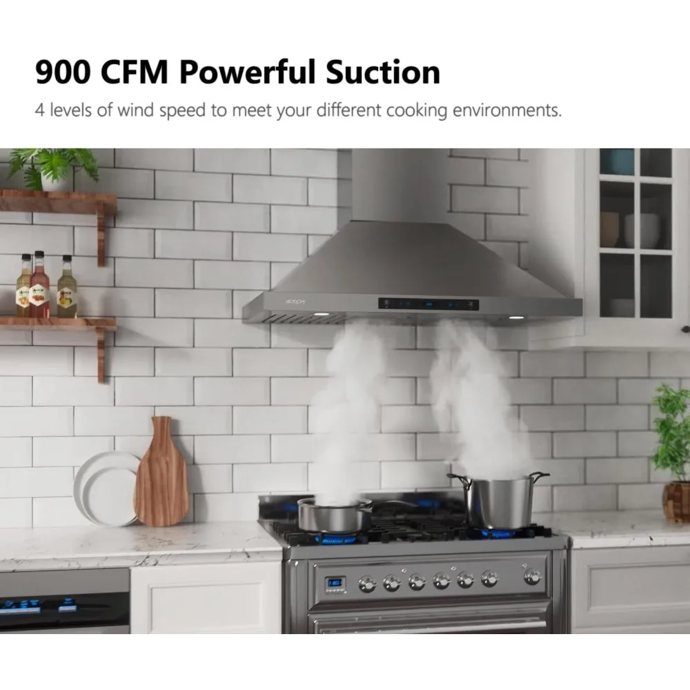 30-inch Wall Mount Range Hood 900 CFM Ducted/Ductless Convertible, Kitchen Chimney Vent Stainless Steel