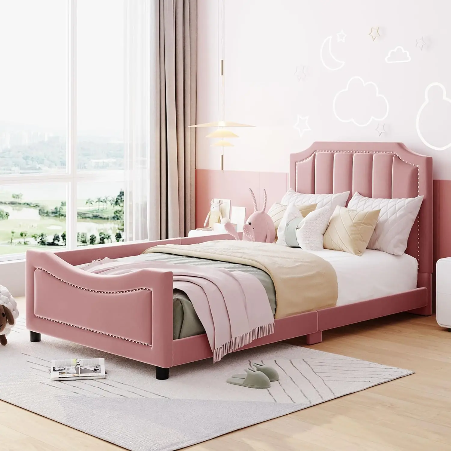 Twin Size Upholstered Bed with Belgrave Headboard, Low Platform Bed Frame with Rails, Kids Velvet Daybed with Slats, Customized