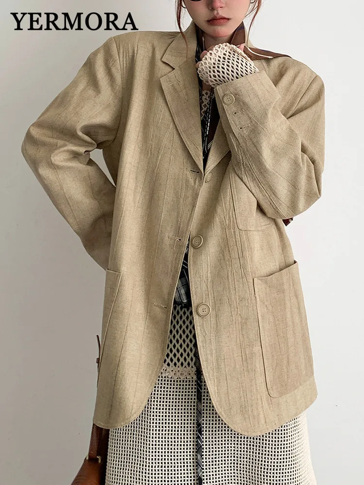 

YERMORA Khaki Pockets Linen Texture Casual Blazer For Women Lapel Long Sleeve Loose New Jacket Fashion Tide Spring Autumn 2025