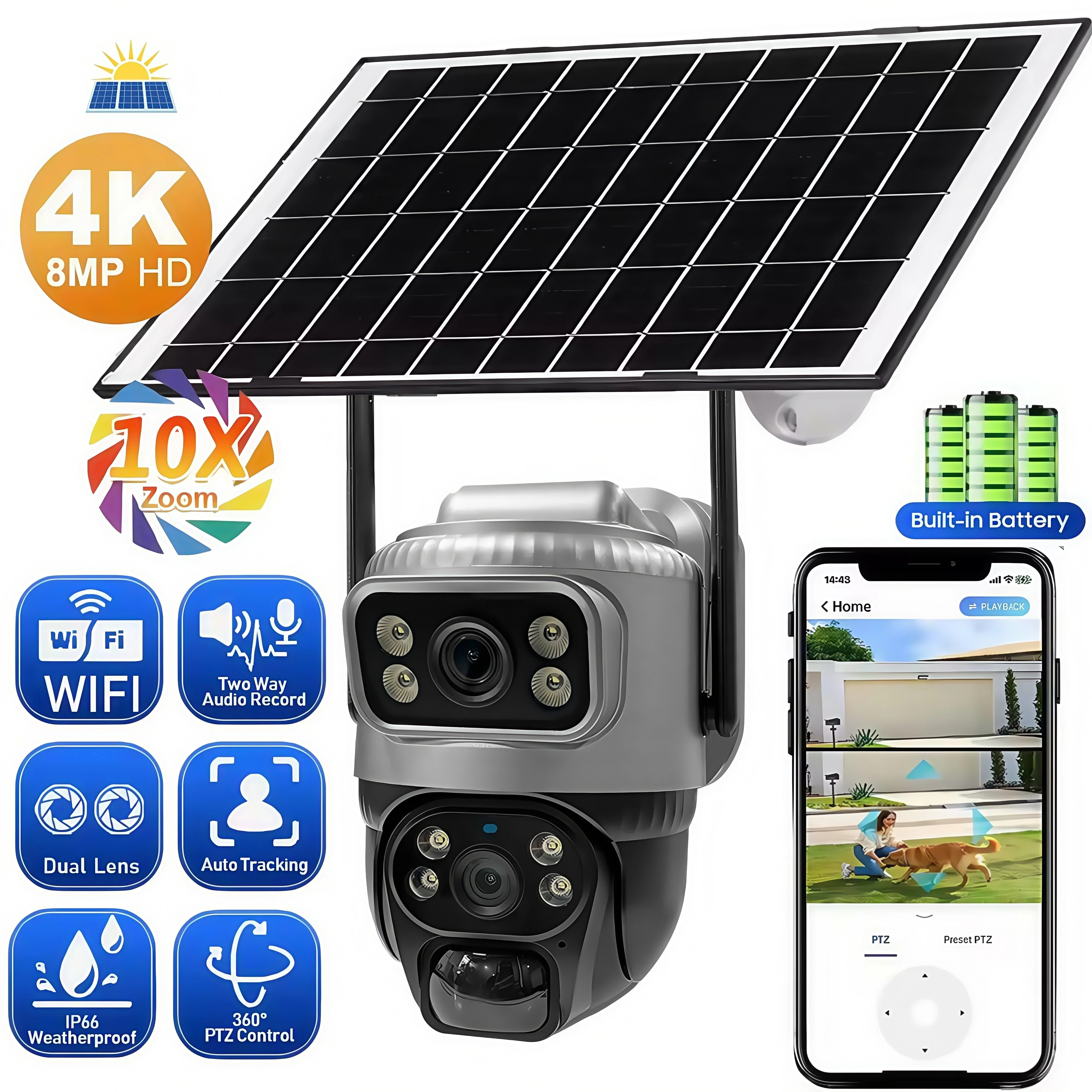 

Двойной HD-объектив, двойной экран, Wi-Fi, солнечная камера, IP66, водонепроницаемые уличные камеры наблюдения, цветное ночное видение, двустороннее аудио, видеонаблюдение