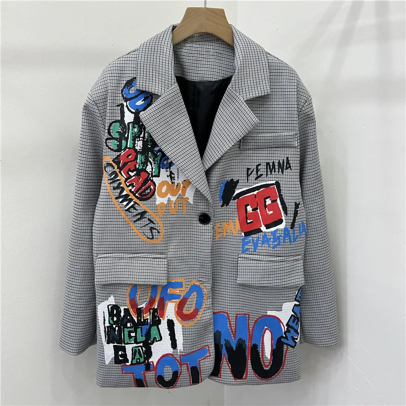 Fashion Graffiti Letters Plaid Blazer Jacket Women Outerwear Big Pocket Long Sleeve Suit Jacket Coat Female Casual Gray Blazers