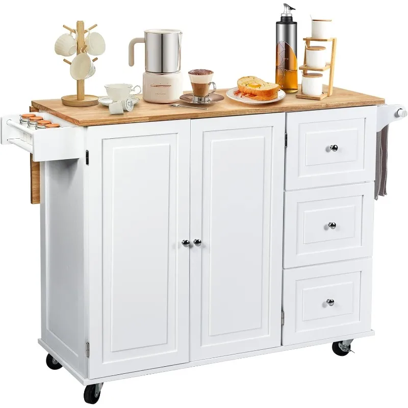 

Kitchen Island Cart on Wheels, w/ 2-door Cabinet, 3 Drawers & Towel/Spice Rack, Utility Cabinet w/Drop-leaf Rubber Wood