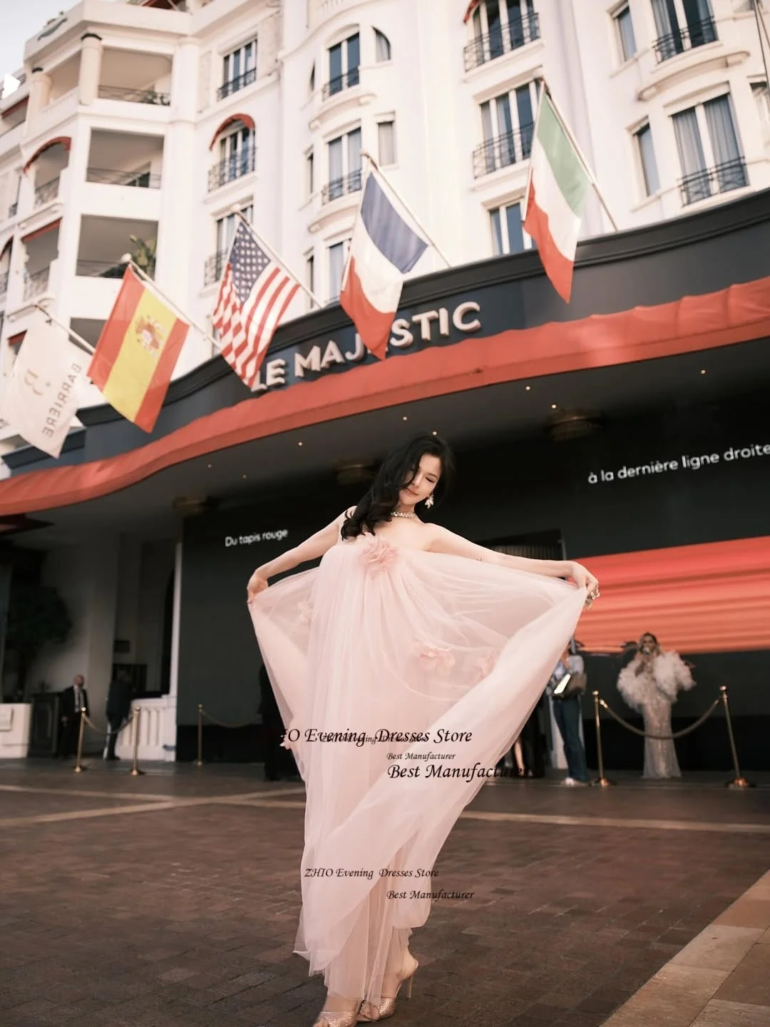 ZHIO Элегантное розовое тюлевое вечернее платье с иллюзией и цветочной аппликацией, плиссированное длинное вечернее платье без бретелек, без рукавов, платье для выпускного вечера по индивидуальному заказу