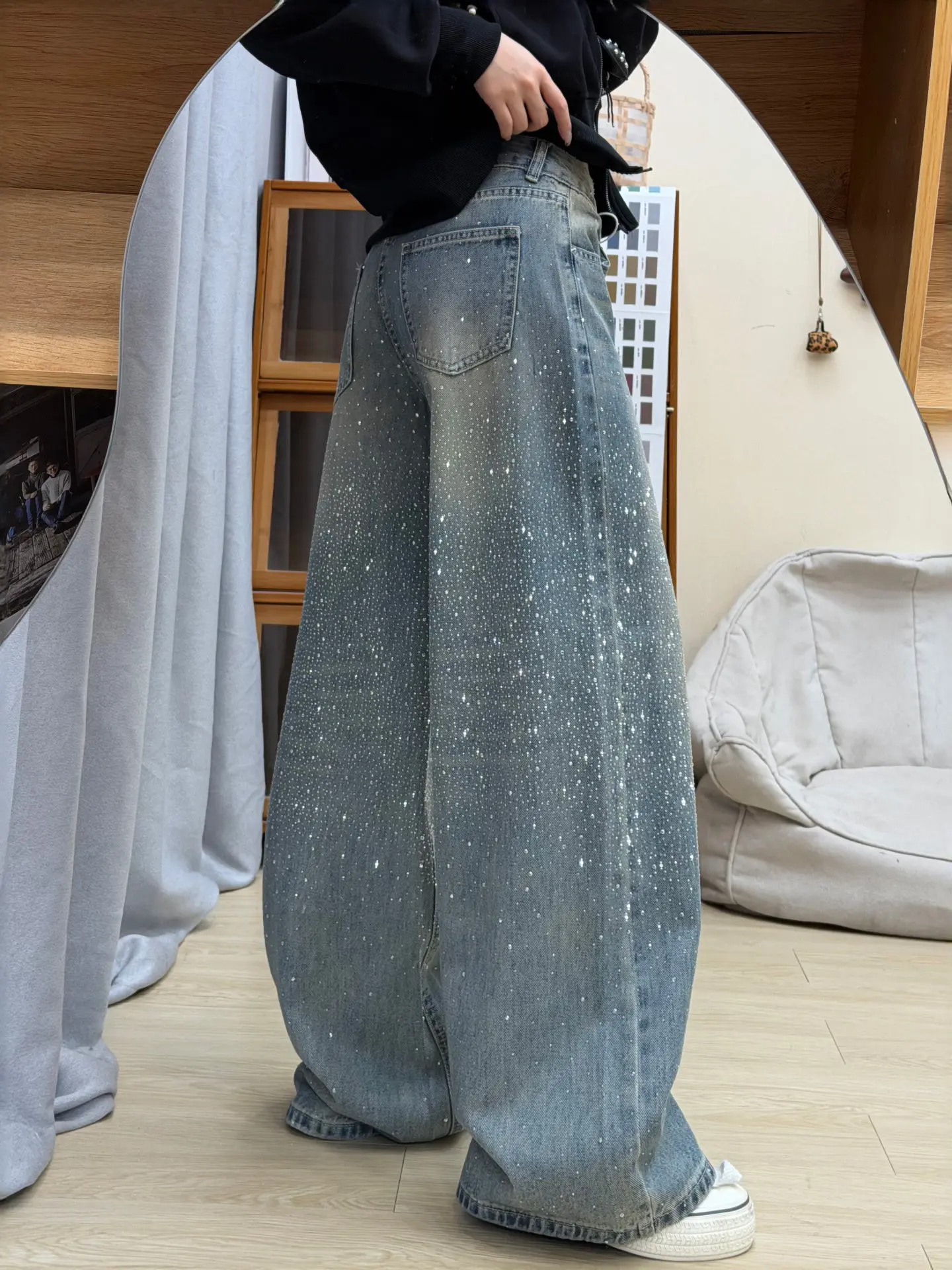 

Blue Sequin Wide Leg Jeans Women's Spring New plus Size Loose Slim Straight Denim High Waist Casual Comfortable Retro Style