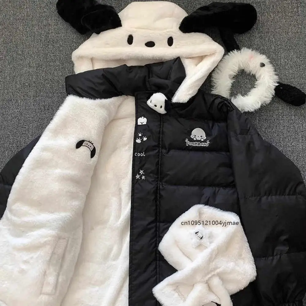 Sanrio Pochacco Hello Kitty Female Plus Velvet Thicken Reversible Cotton Jacket Winter Student Plush Hooded Warm Cotton Clothes