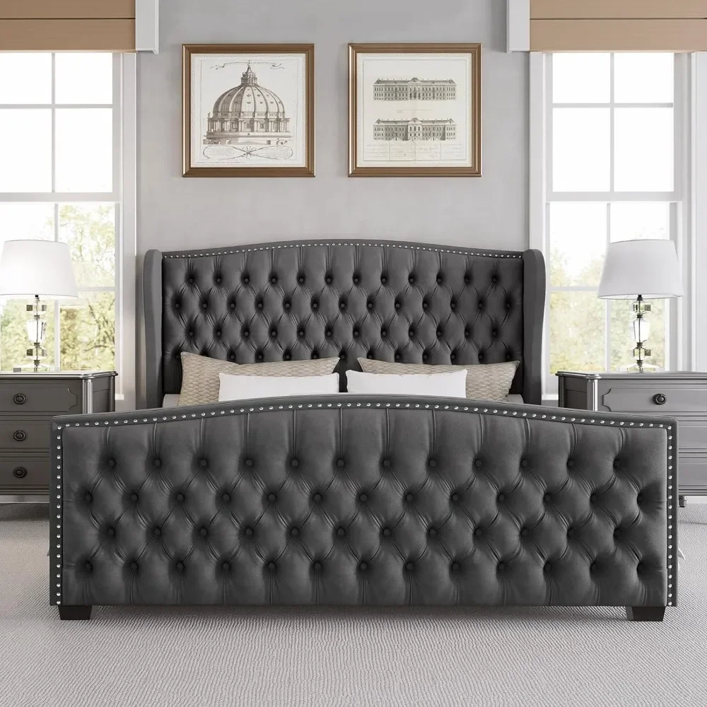 King Platform Bed Frame with Wingback Headboard, Velvet Upholstered Bed Frame with Handmade Button Tufted & Nailhead