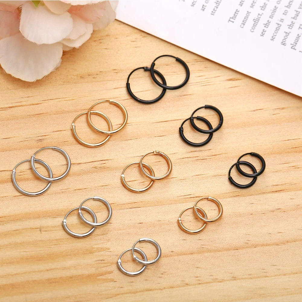 Alloy 1 Pair Minimalist Hoop Earrings For Women Solid Color Tiny Round Circle 10/12/15mm Punk Unisex Rock Earring