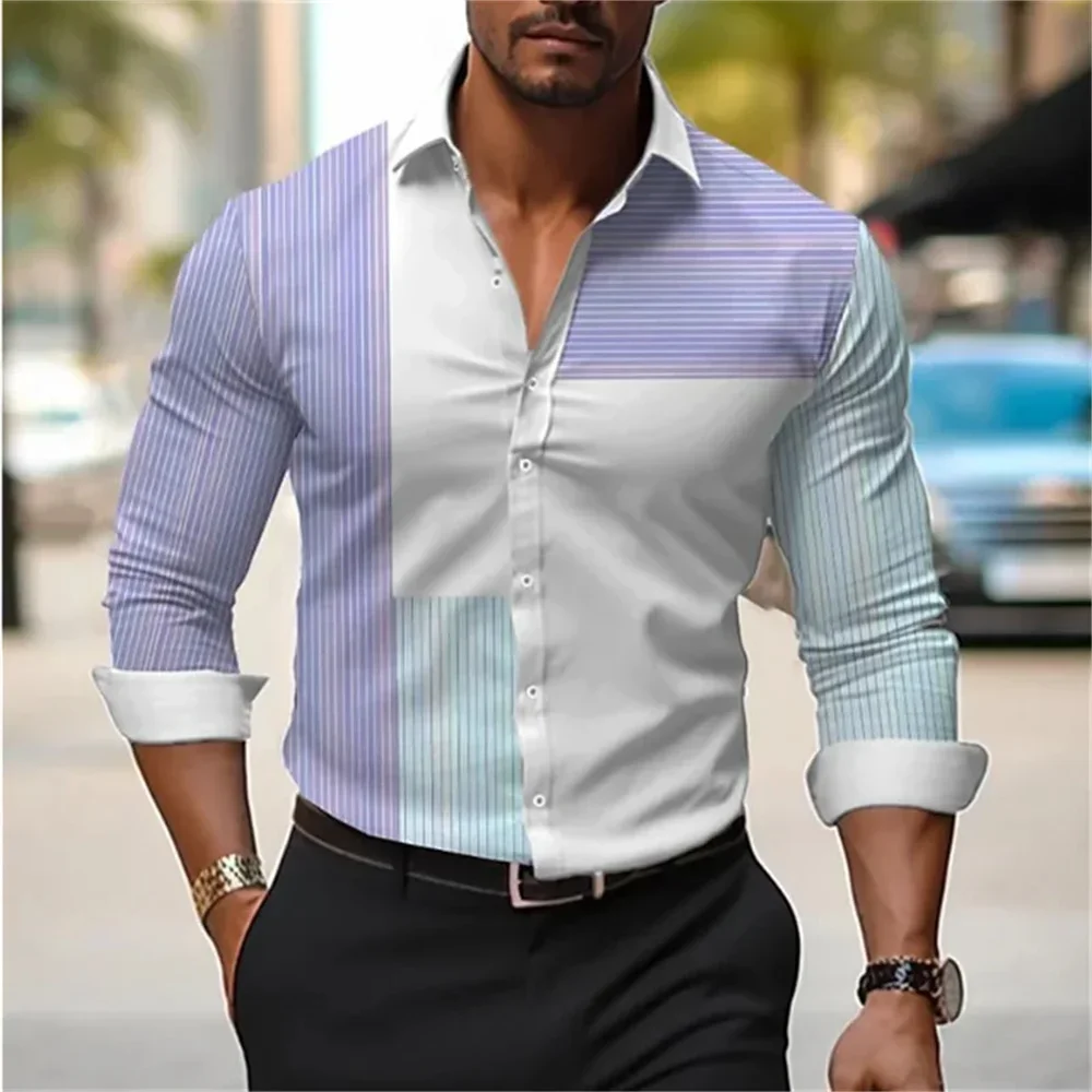 Men's New Fashion Striped 3D Printed Long-sleeved Lapel Simple Business Shirt Hawaiian Vacation Outdoor Street Color Block Top