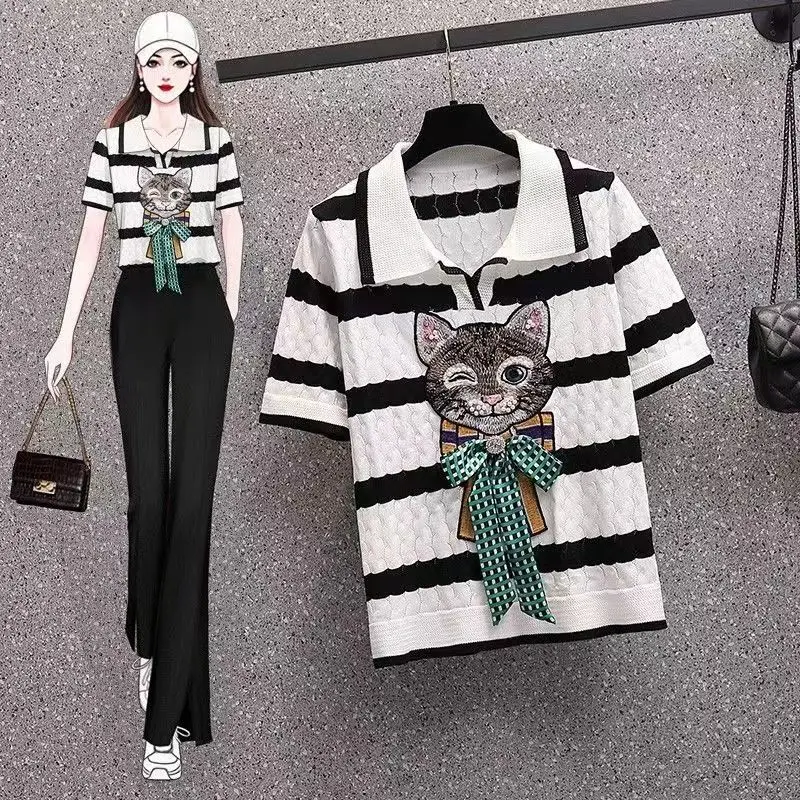 

Women's Clothing Embroidered Striped Short Sleeve Knit Sweater Summer 2022 New Polo Shirt Top Thin T-Shirt