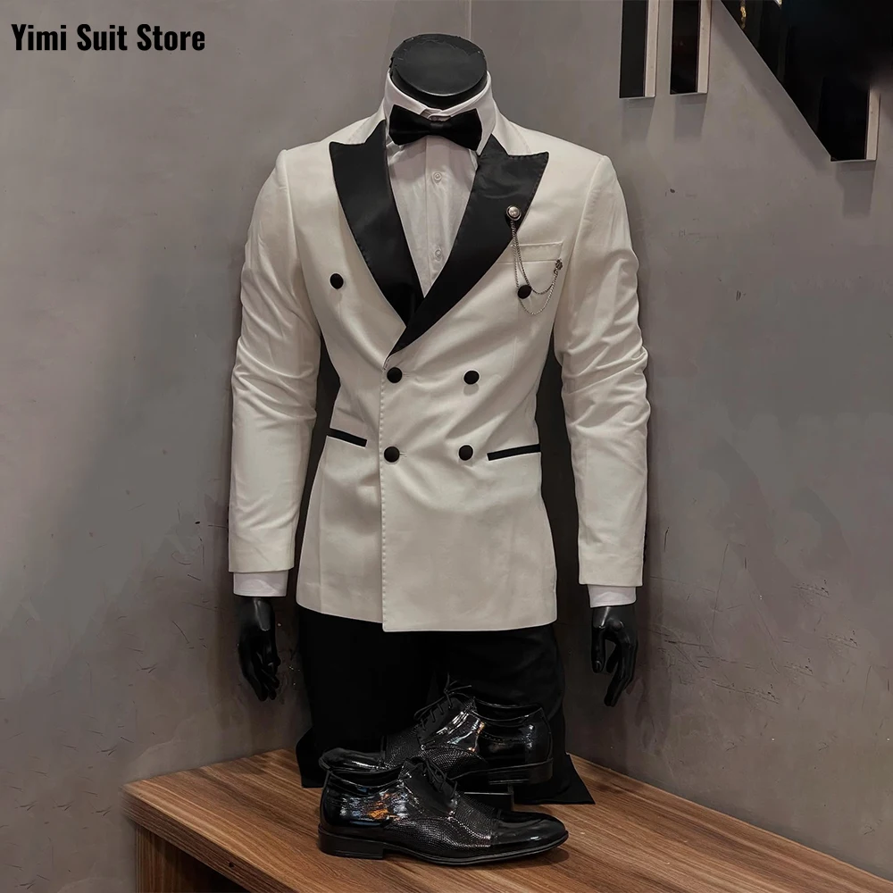 

White And Black Business Men Suit Groomsman Wedding Party Prom Formal Occasion Male Tuxedos 2 Piece Set Male Jacket+Pant
