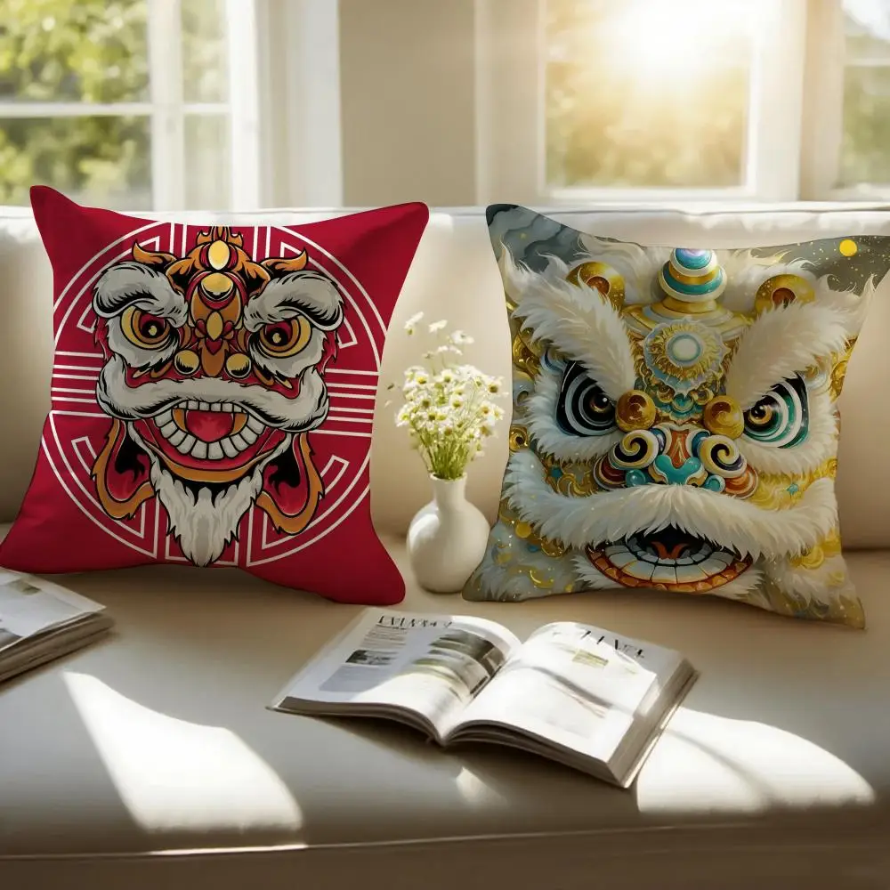 Traditional Dancing Lion Anime Lucky Cushion Cover Pillowcase Anti-dustmite Invisible Zipper Short Plush Sofa Cushion