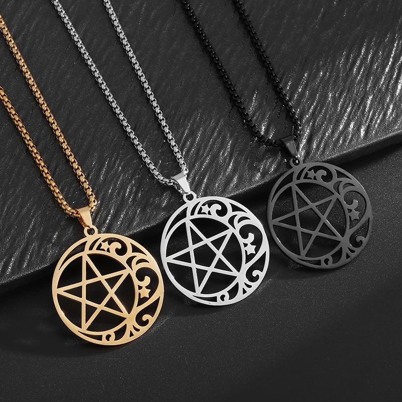Stainless Steel Cut Magic Pentagram Moon Pendant Necklace for Men Women Celtic Irish Lucky Amulet Jewelry image 5