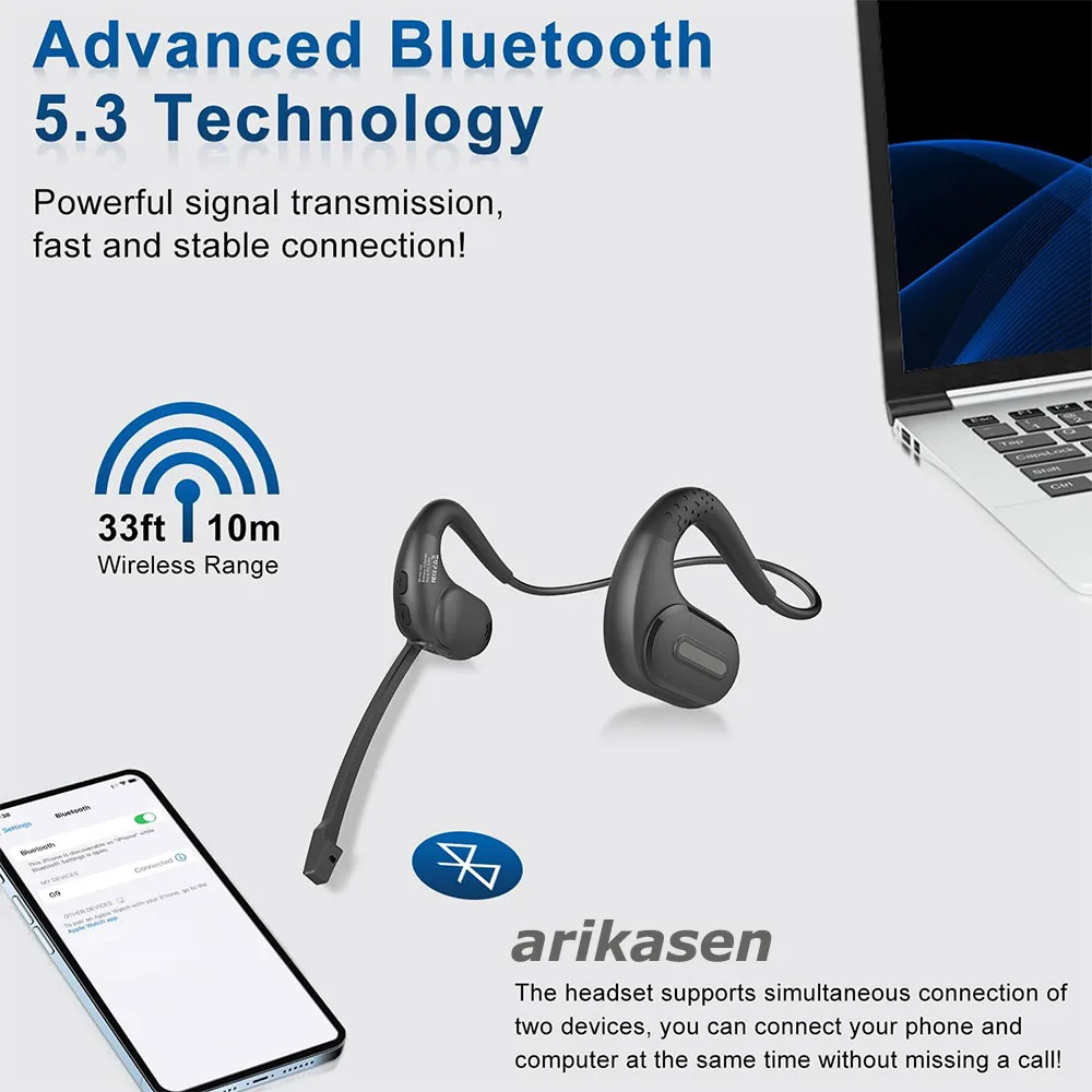 Auscultadores sem fio Bluetooth com microfone, botão Mute destacável, ouvido aberto Trucker auscultadores, telefones celulares, escritório comercial