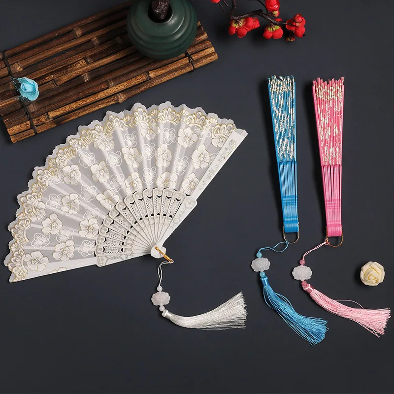 Cherry Blossom Folding Hand Fan with Tassels Retro Silk Handheld Fans Lace Fan Wedding Dancing Party Favor Gifts Home Decoration