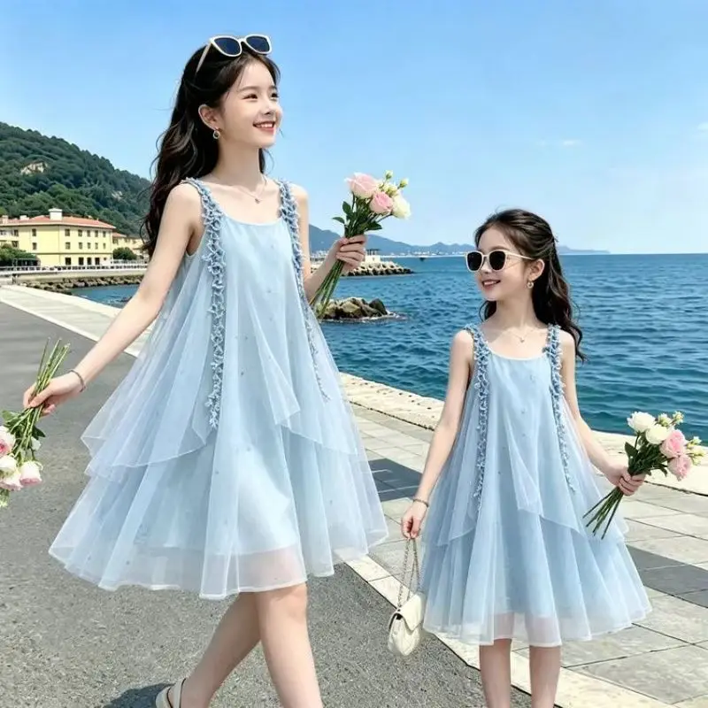 Blue Sling Mesh Dress for Girls 2026 Thin Sling Camisole Design Cool for Summer Light Layered Mesh Tulle Skirt Full