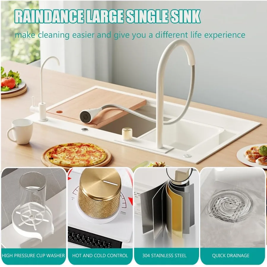 Modern Single Bowl Undermount Kitchen Sink with Flying Rain Waterfall Design Stainless Steel Construction Drop-In Installation